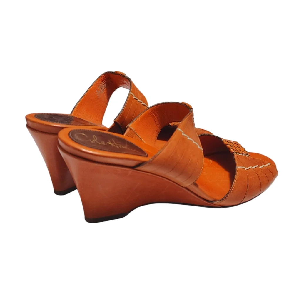 Cole Haan Orange Leather Open Toe Wedge Sandal Slip On Heels Women's Size 8